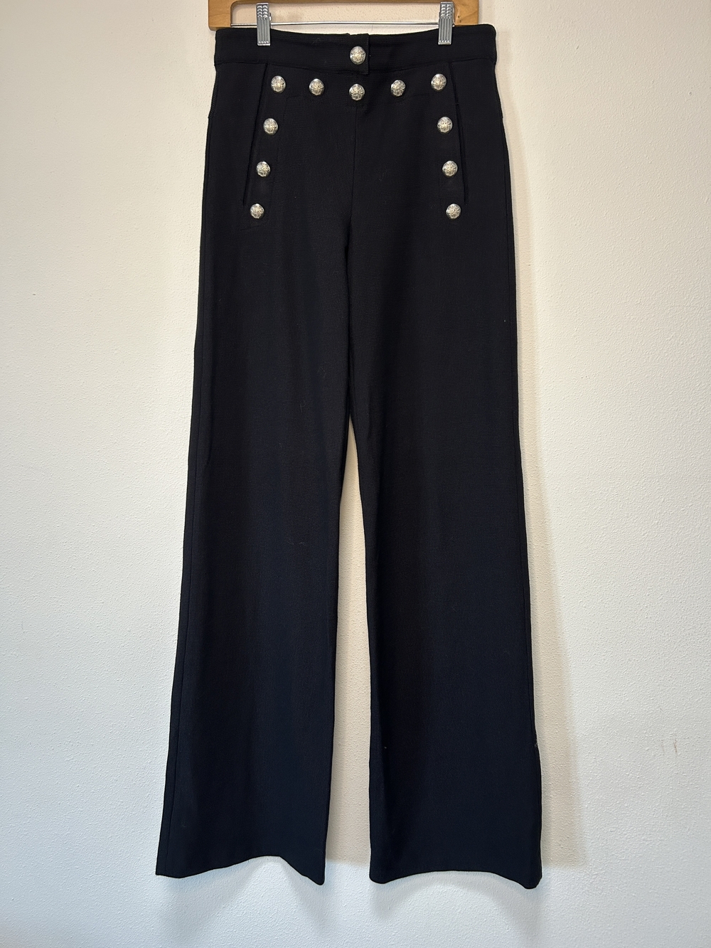 Veronica Beard Black High-Rise Wide-Leg Pants with Decorative Buttons
